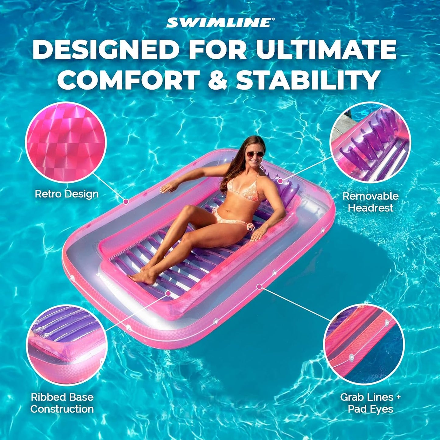 Suntan Tub, Classic Inflatable Tanning Lounge Float with Adjustable Pillow, 71" Long - Outdoor Floating Lounger for Lake, River, Beach & Swimming Pool, Includes Rope Surround & Repair Patch