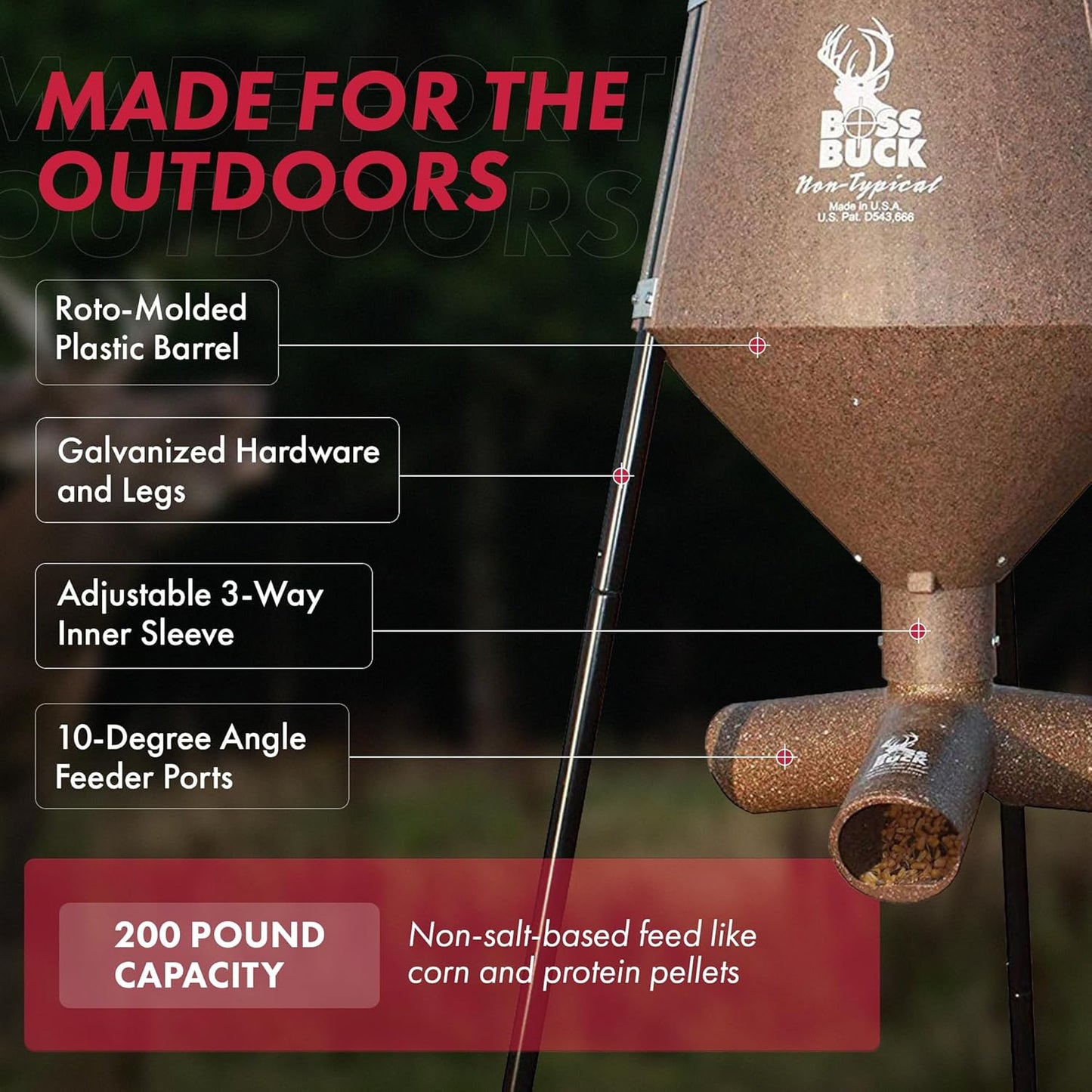200 LB Deer Feeder/Hunting Durable Lightweight Plastic UV Protected Windproof Waterproof Gravity Feed System with Protein 3 Feed Tubes Head