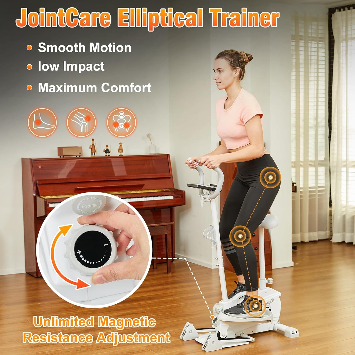 Ksports Mini Elliptical with Optional Handles & Seat, 3 Levels Manual Incline, Quiet Infinite Adjustable Magnetic Resistance, and LED Display – Joint-Friendly and Versatile Design