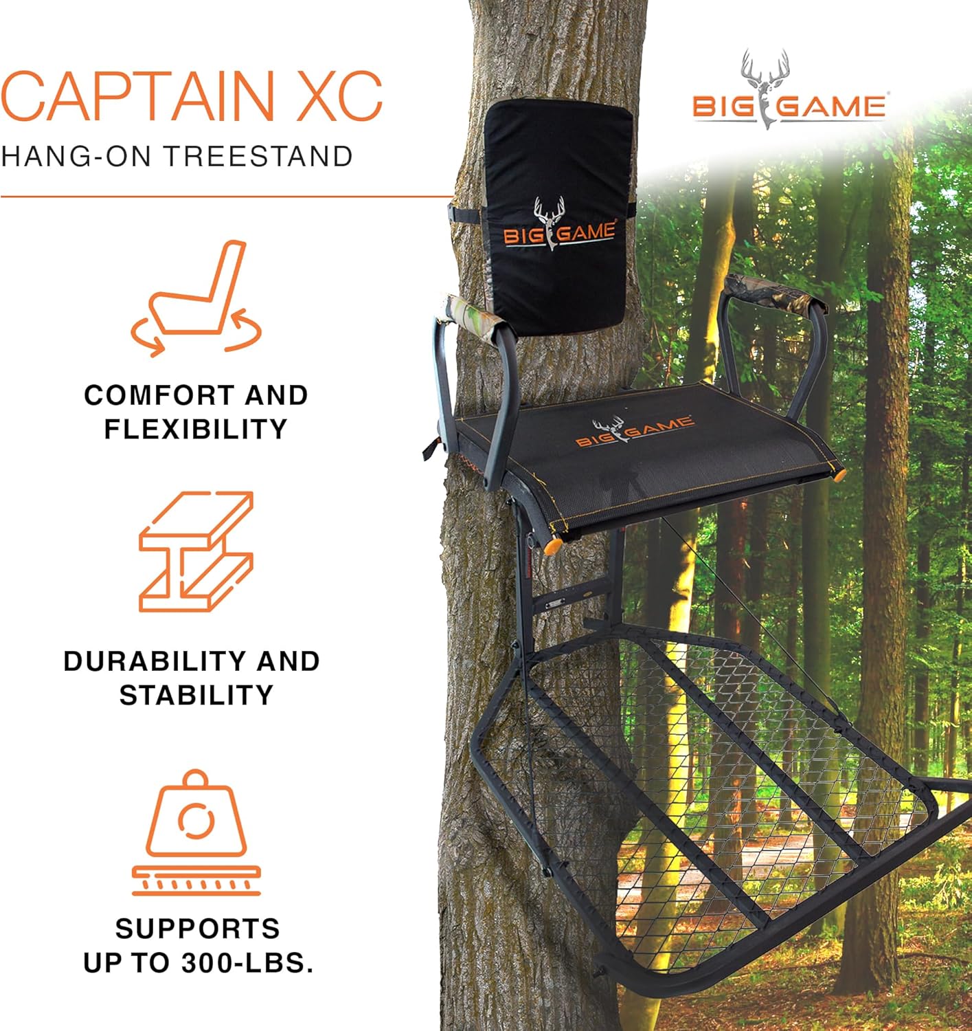 Hang-On Treestand, Lightweight Steel Construction w/Flip-Back Flex-Tek Seat, 300 lbs Weight Rating, 24"x30" Foot Platform