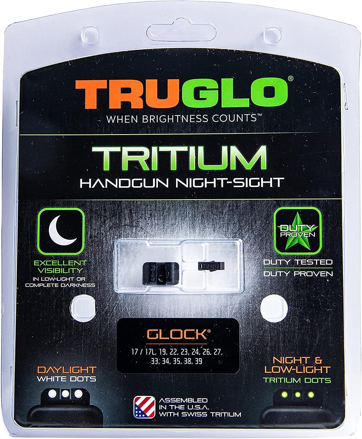 Tritium Handgun Sight | High-Visible Front & Rear Night Sights with Daylight White Dots & Low-Light Tritium Dots, Compatible with Glock Handguns