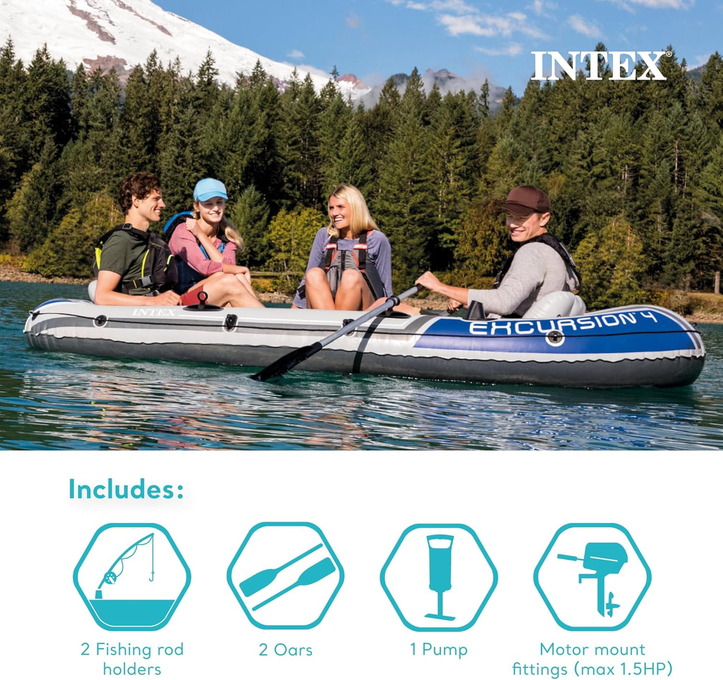 Inflatable Boat Set: Includes Deluxe 54in Boat Oars and High-Output Pump – Adjustable Seats with Backrest – Fishing Rod Holders – 4-Person – 1100lb Weight Capacity