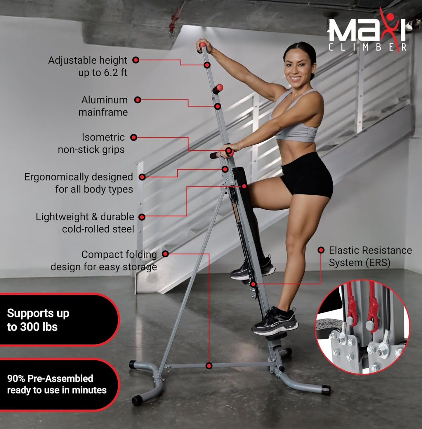 Vertical Climber ERS (Elastic Resistance System) - Easy to Assemble, Folding Exercise Machine Combines Cardio & Strength Training for a Low Impact, Full Body Workout - Free Fitness App