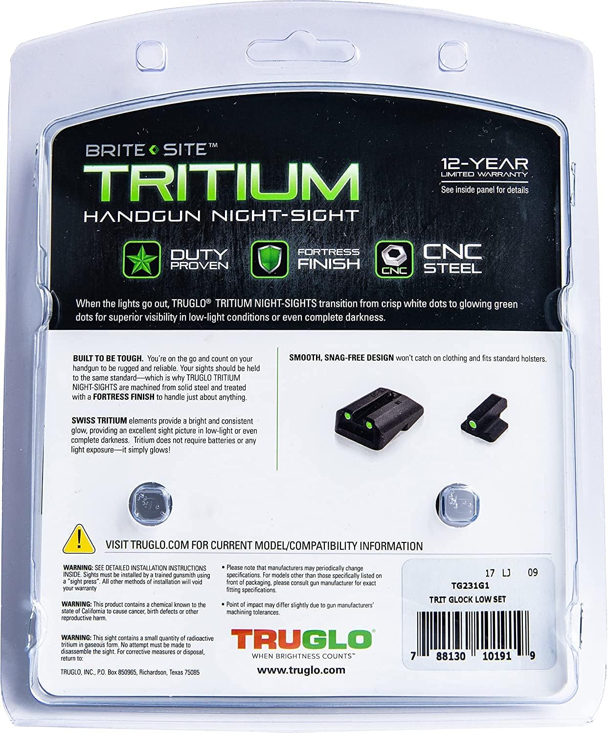 Tritium Handgun Sight | High-Visible Front & Rear Night Sights with Daylight White Dots & Low-Light Tritium Dots, Compatible with Glock Handguns