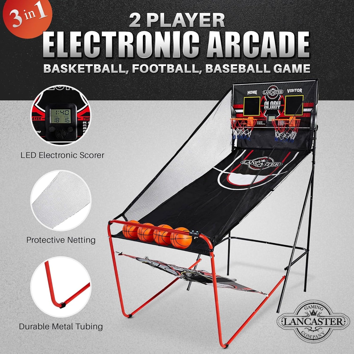 Lancaster 2-Player Indoor Basketball, Football & Baseball Arcade Game w/LED Scorekeeper