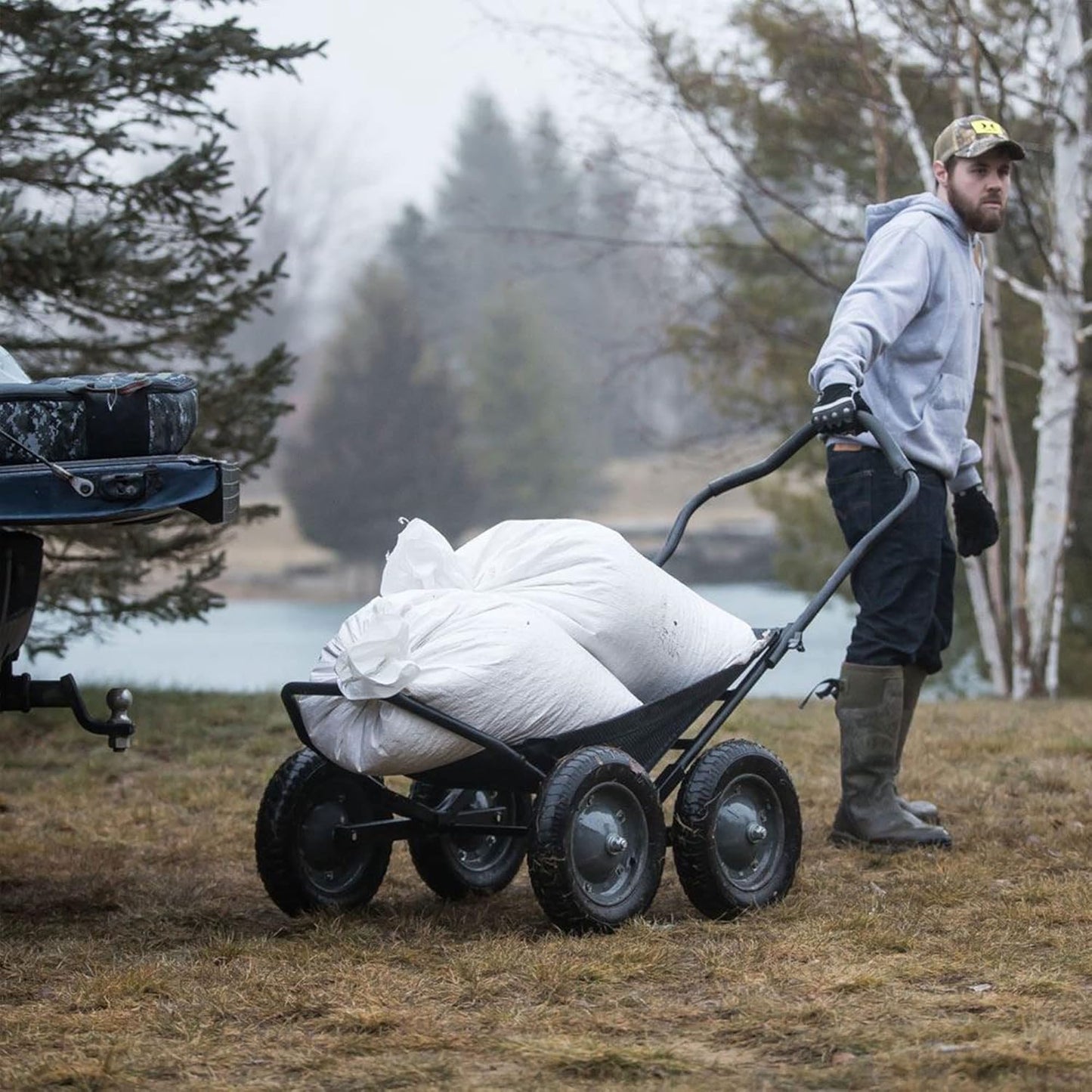 All-Terrain Multi-Use Deer Cart with Dual Pivoting Axles, 500 lb Capacity, Black - Hunting Hauler with Folding Frame and Versatile Sling for Easy Hauling of Game, Firewood & Bait