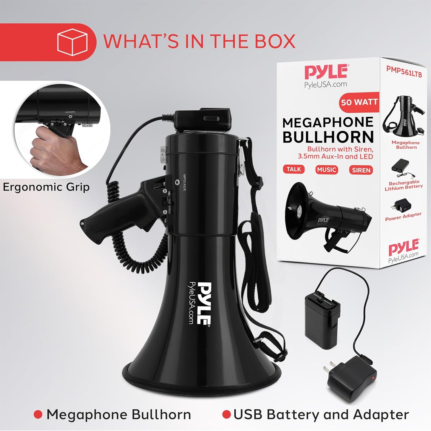 Portable Compact PA Megaphone Speaker with Alarm Siren & Adjustable Volume - 50W Handheld Lightweight Bullhorn - with Mic, AUX IN for MP3 & Rechargeable Battery - Indoor Outdoor Use - PMP561LTB