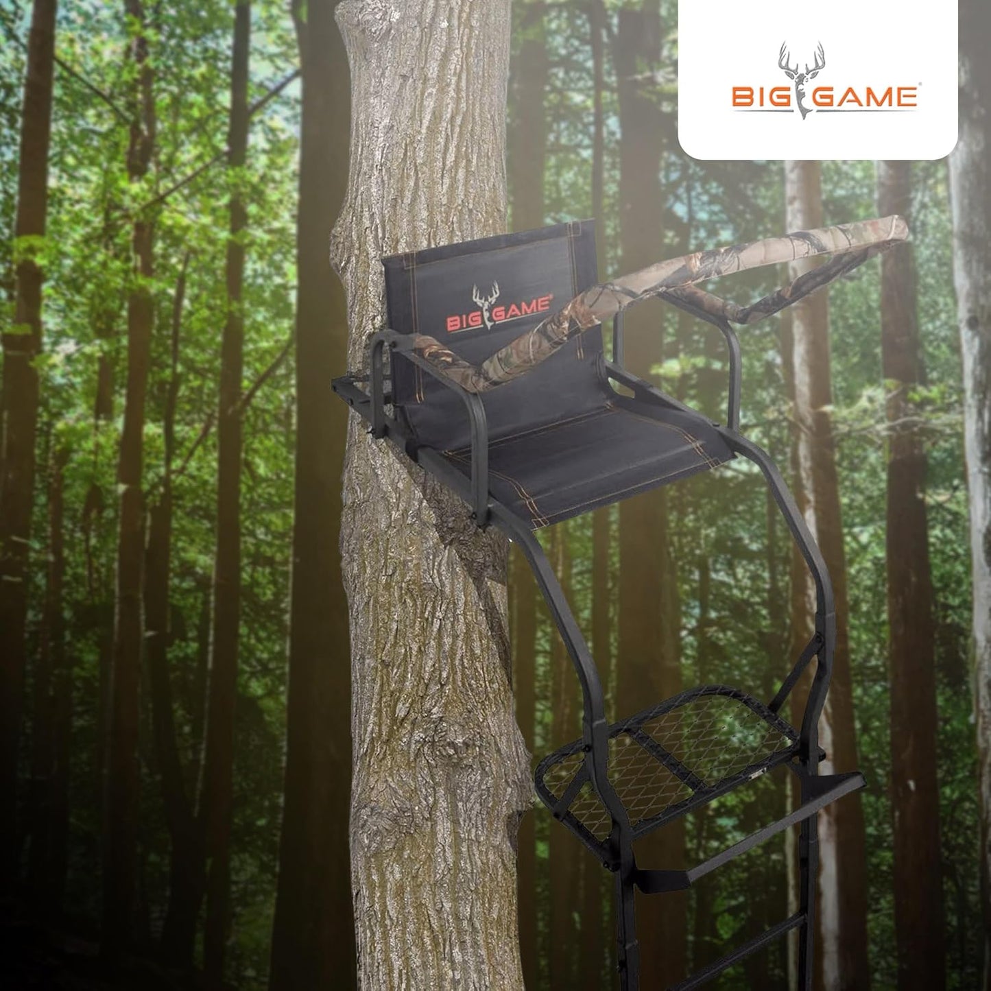 1-Person Ladder Tree Stand for Hunting Deer, Flex-Tek Seat, Black - Adjustable Climbing Treestand with Platform and Safety Harness for Shooting