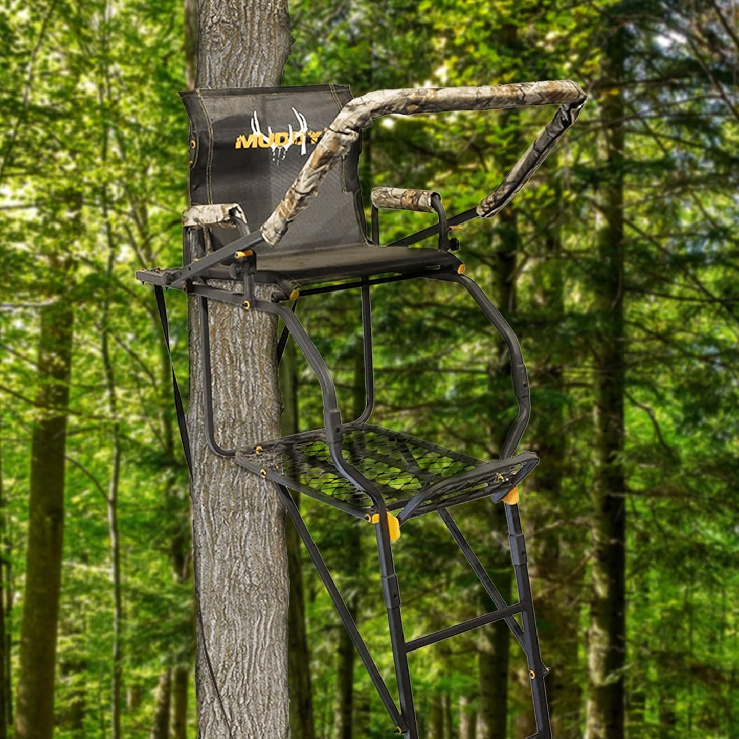 1-Person Huntsman Deluxe Steel Ladder Tree Stand, 17 ft Tall, 300 lb Capacity - Heavy-Duty Hunting Treestand with Lumbar Support Seat, Flip-Back Adjustable Shooting Rail & Silencer Technology