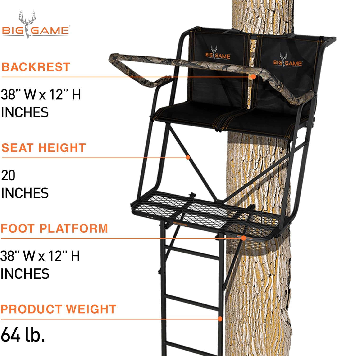 XL Ladder Treestand 17.5 Foot Tall with Flip Back Seat, Padded Armrests, Deep Foot Platform, Ideal for Hunting and Shooting, Black