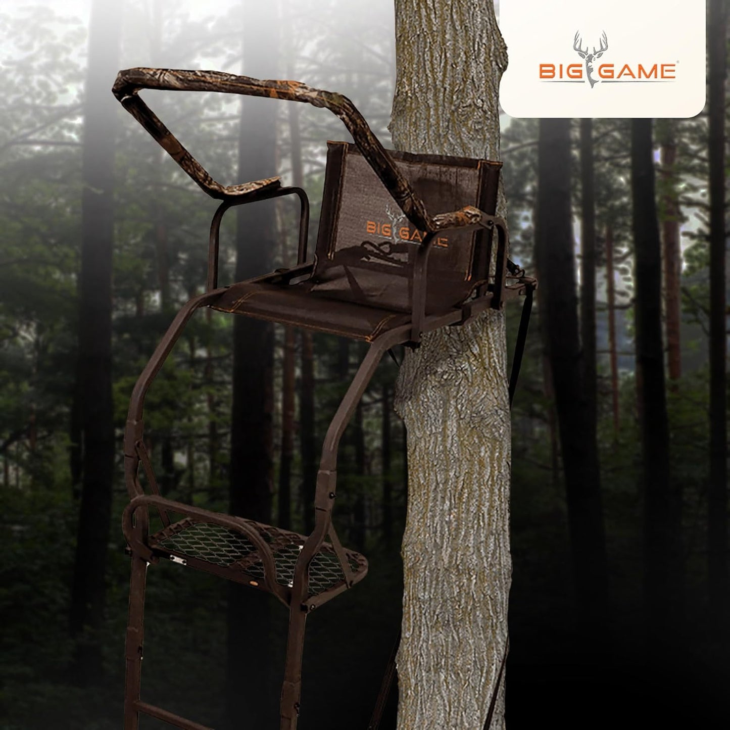 1-Person Ladder Tree Stand for Hunting Deer, Flex-Tek Seat, Black - Adjustable Climbing Treestand with Platform and Safety Harness for Shooting