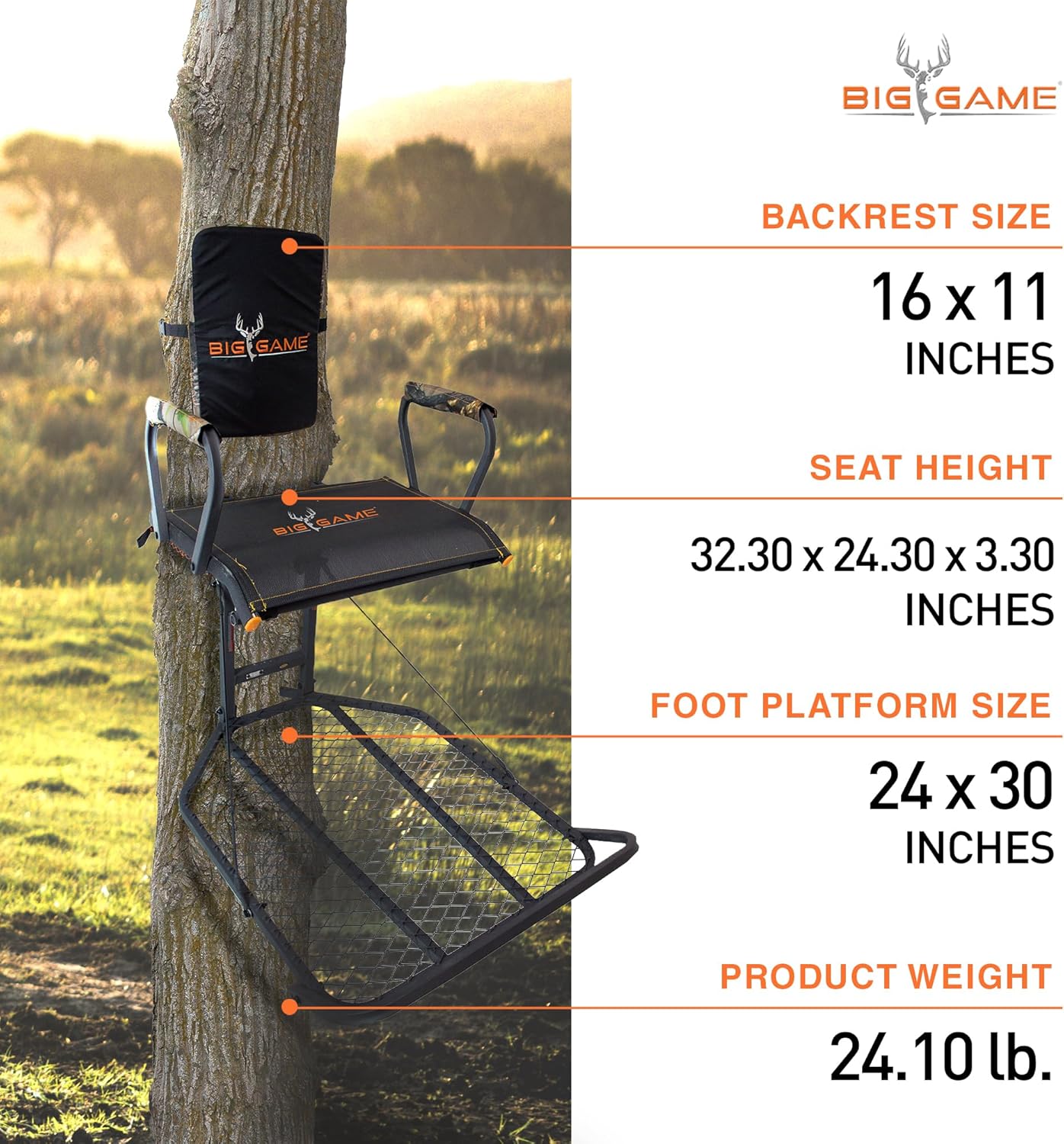 Hang-On Treestand, Lightweight Steel Construction w/Flip-Back Flex-Tek Seat, 300 lbs Weight Rating, 24"x30" Foot Platform