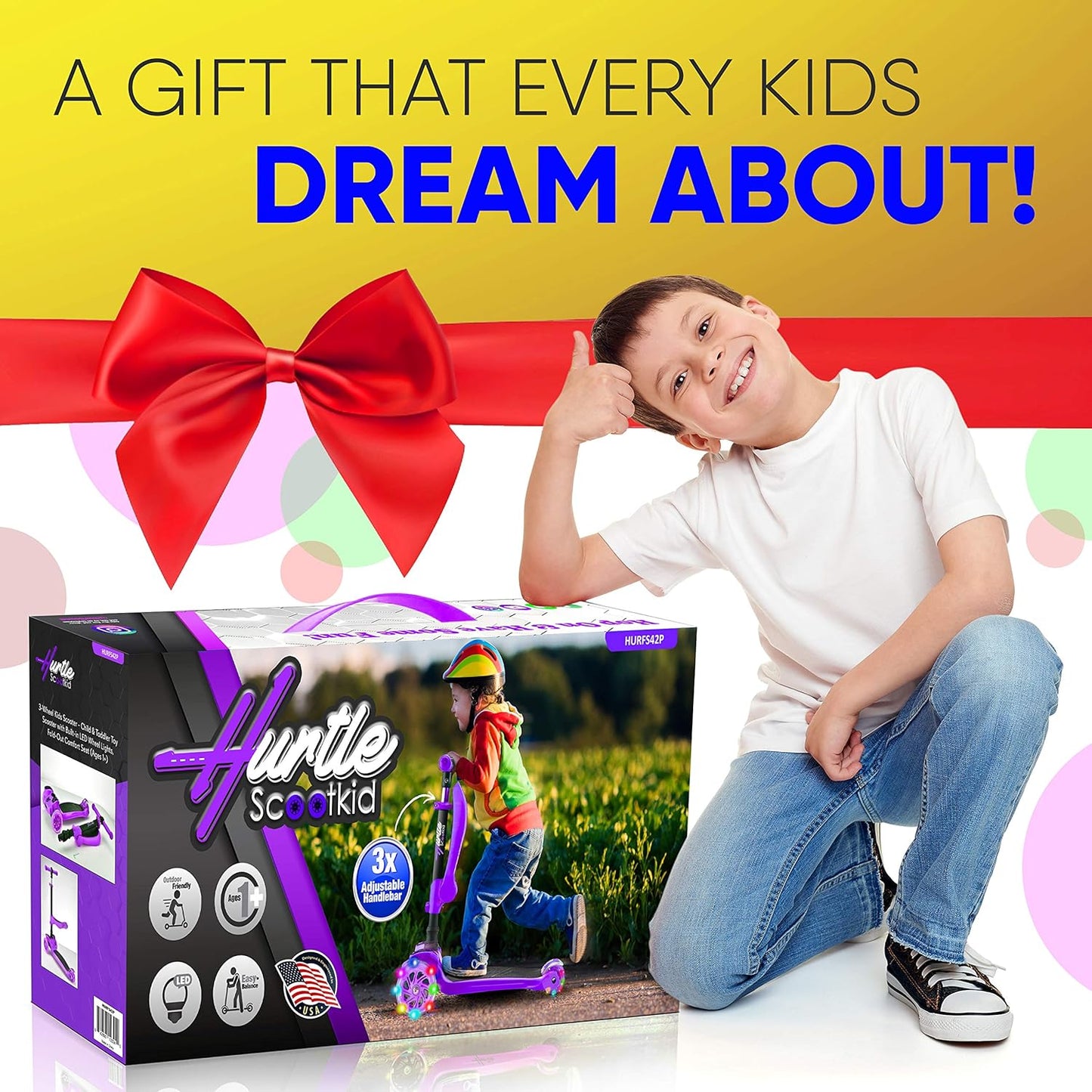 Hurtle 3-Wheeled Scooter for Kids - Wheel LED Lights, Adjustable Lean-to-Steer Handlebar, and Foldable Seat - Sit or Stand Ride with Brake for Boys and Girls Ages 1-14 Years Old