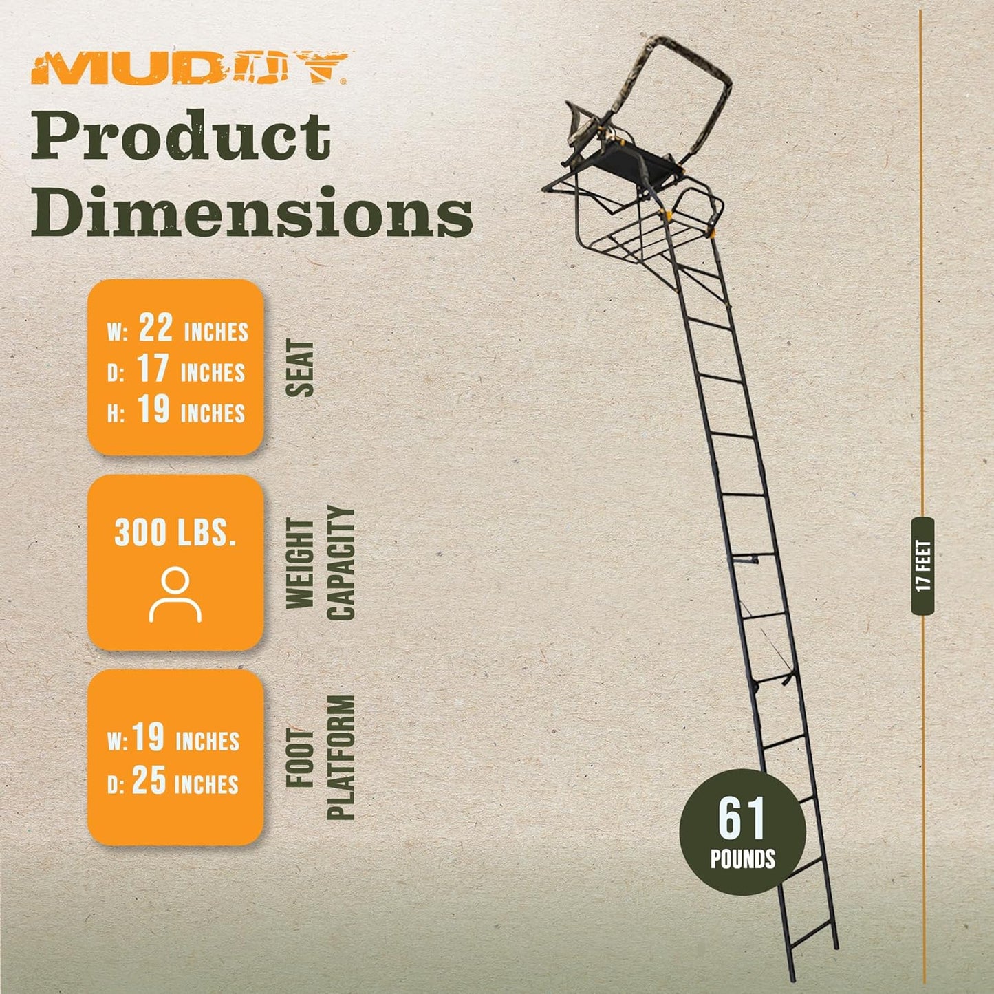 1-Person Huntsman Deluxe Steel Ladder Tree Stand, 17 ft Tall, 300 lb Capacity - Heavy-Duty Hunting Treestand with Lumbar Support Seat, Flip-Back Adjustable Shooting Rail & Silencer Technology