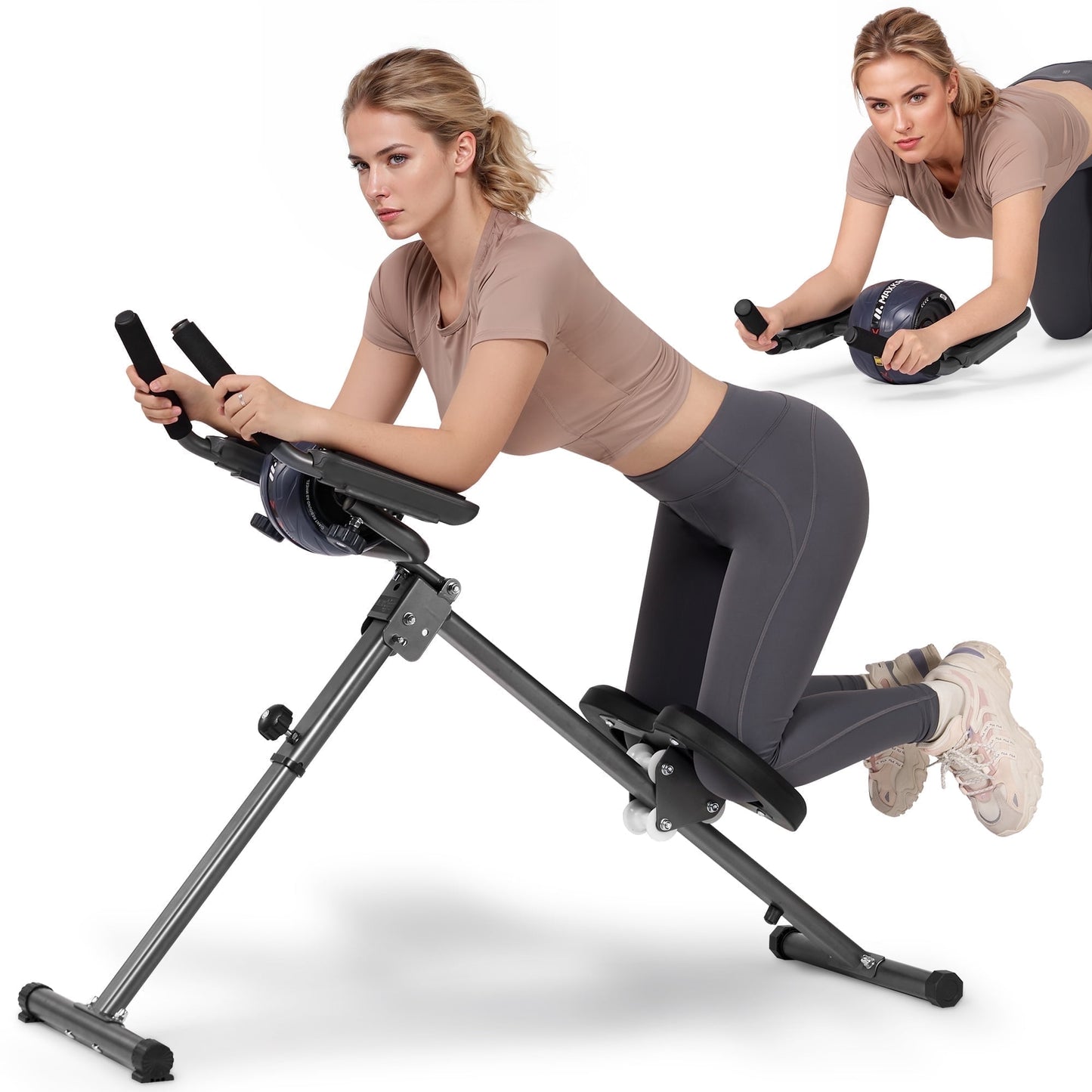 Adjustable Ab Machine with Detachable Ab Roller Wheel, 6-Level Core Workout Equipment for Home Gym, Foldable, 220lbs