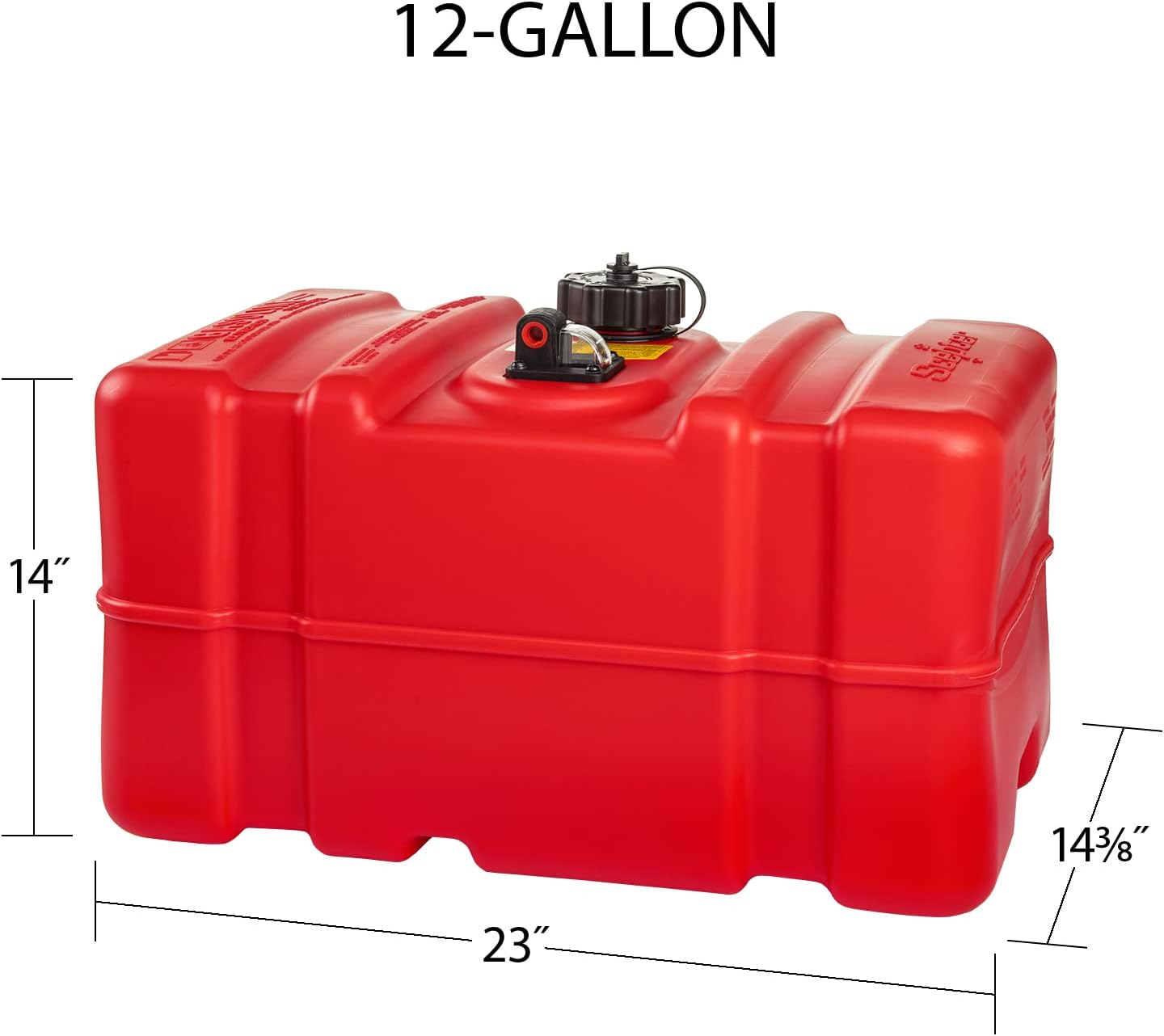 12 Gallon Portable Marine Gas Can, Large Capacity Boat Fuel Tank, 2-Way Vented Cap, Built-In Fuel Gauge & Pick-Up, Handles, EPA & CARB Compliant, Tall Profile, 22.9"L x 14.3"W x 13.9"H (08668)