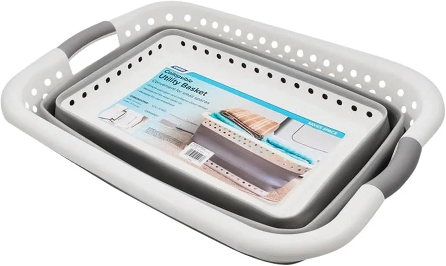 Collapsible Utility Laundry Basket - Waterproof Design Easily Fits Into Compact Spaces | Great for Traveling, RVs, Trailers Camping, Dorms, Small Spaces and More - (51903), White/Gray, Large