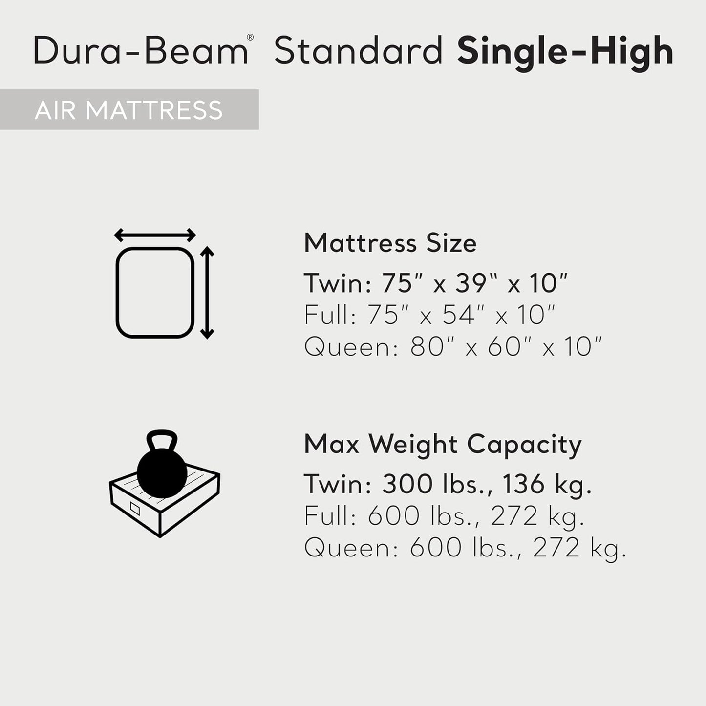 Intex 64101E Dura-Beam Standard Single-High Air Mattress: Fiber-Tech – Twin Size – 10in Bed Height – 300lb Weight Capacity – Pump Sold Separately