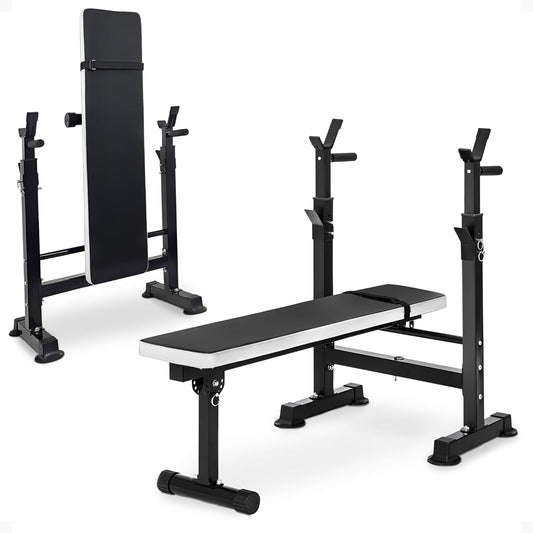 Steel Weight Bench w/ Squat Rack in Multiple Colors, 400 lb User Capacity - Foldable Home Gym Equipment for Range of Workouts w/ 6-Position Barbell Holder & Adjustable Seat and Recliner