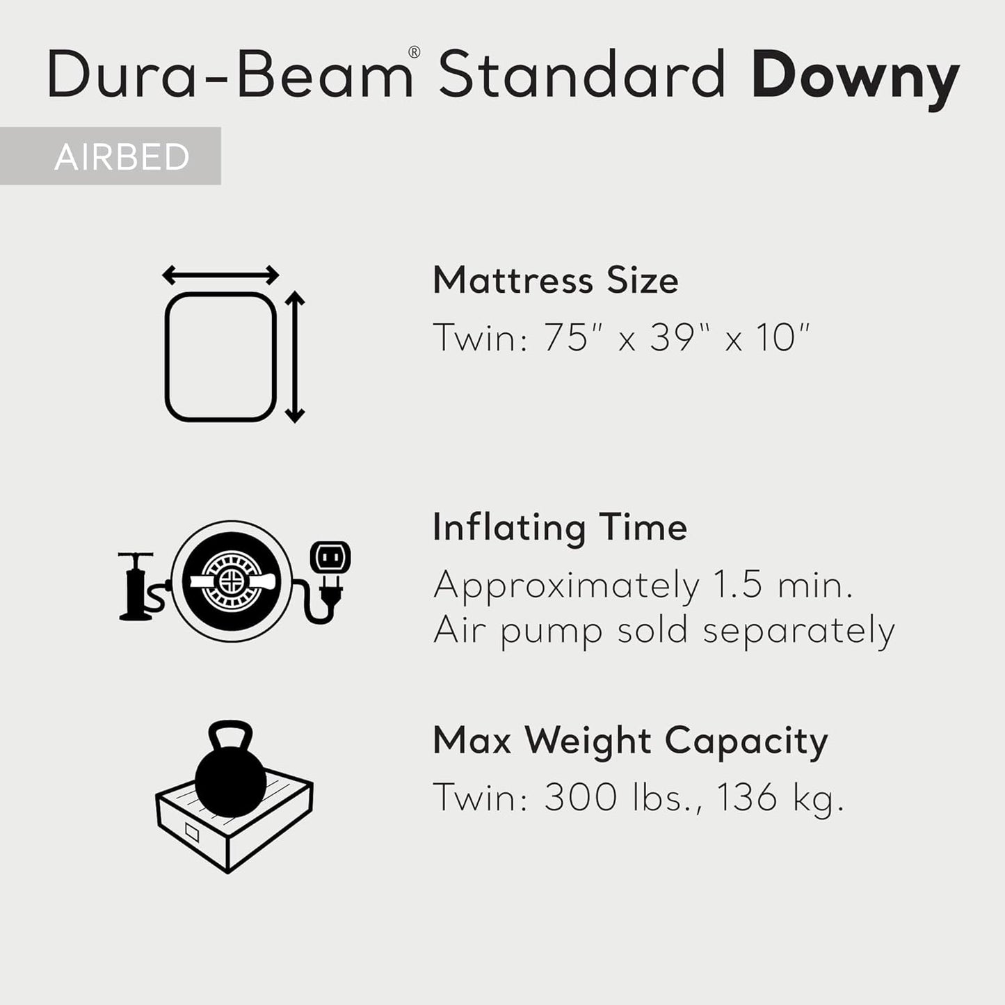 Intex 75 x 39 x 10 Inch Dura-Beam Fiber-Tech Vinyl Standard Downy Air Mattress with Plush Top and 2-in-1 Valve, Twin (Pump Not Included)