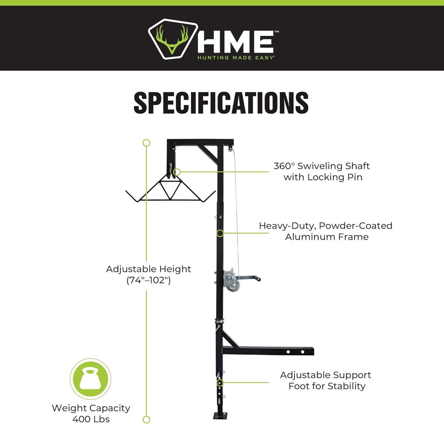 Truck Hitch Game Hoist Complete Kit with Winch and Gambrel, 400 lb Capacity - Hunting Game Skinning and Cleaning Accessory with 360-Degree Swivel Shaft and Adjustable Height