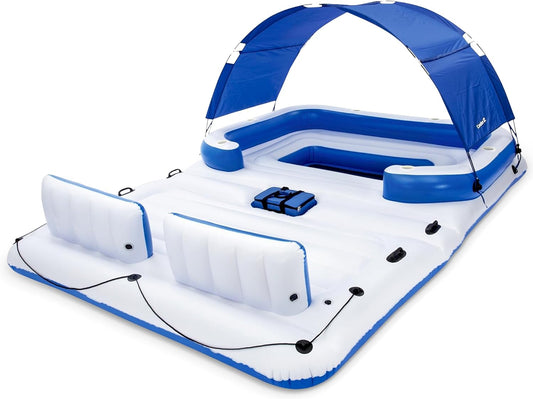 CoolerZ Tropical Breeze 6 Person Inflatable Party Island Large Relaxing Water Float with Detachable Sunshade and Cooler Bag
