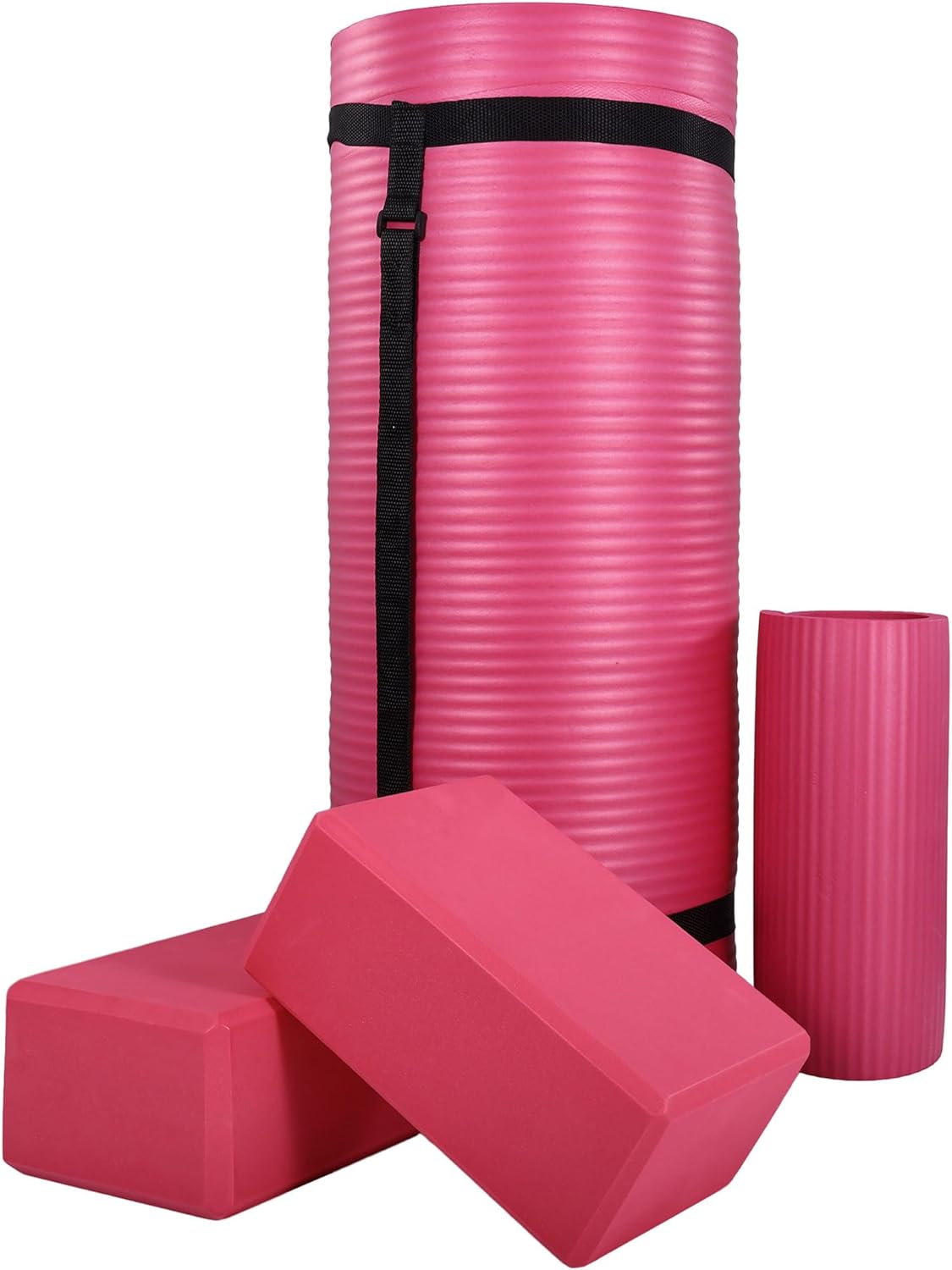 Exercise Yoga Mat for Home Workout, 1” Thick, Optional Blocks & Knee Pad