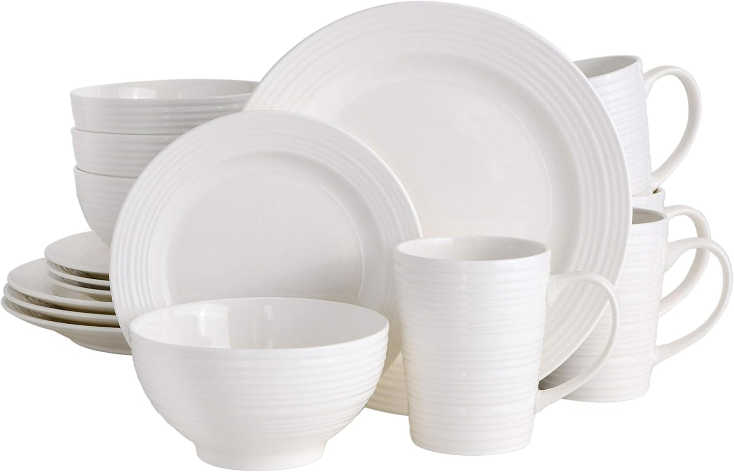 Gibson Home Zen Buffet Porcelain Chip and Scratch Resistant Dinnerware Plates, Bowls, and Mugs Set, Service for 4 (16pcs), White (Square Dishes)