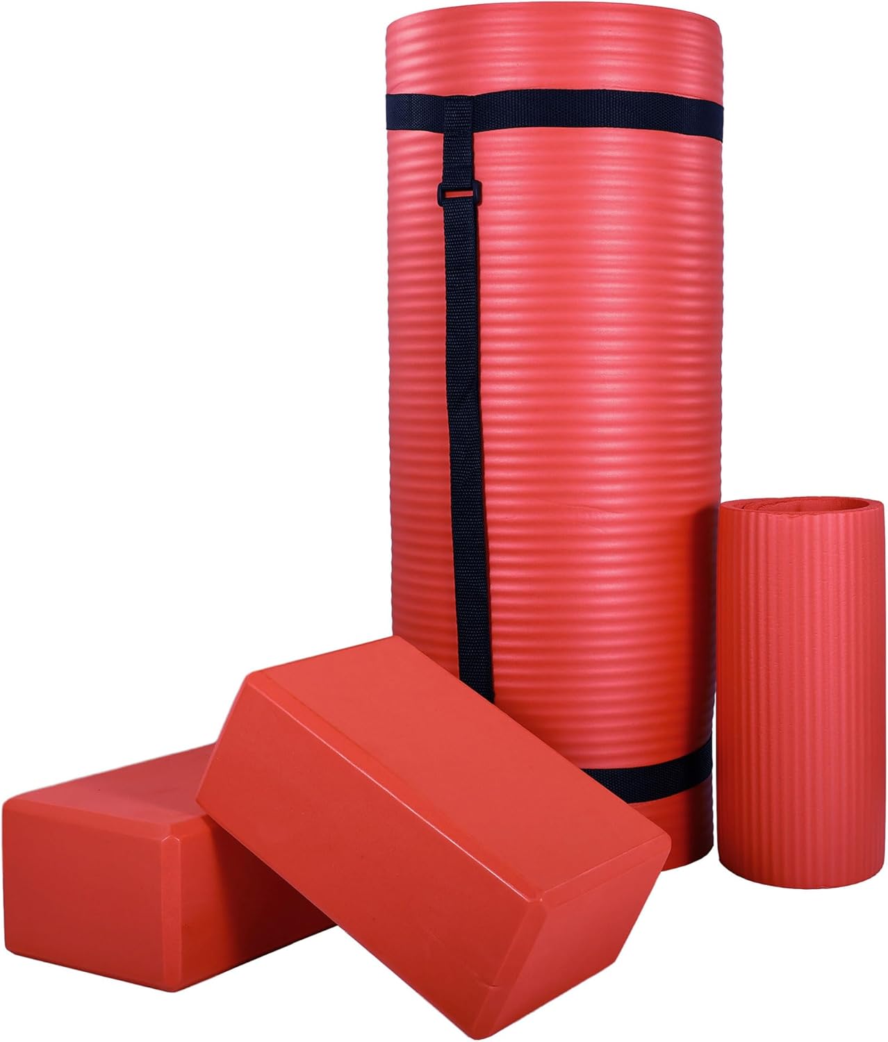 Exercise Yoga Mat for Home Workout, 1” Thick, Optional Blocks & Knee Pad