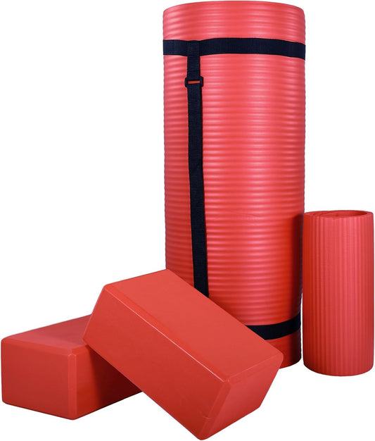 Exercise Yoga Mat for Home Workout, 1” Thick, Optional Blocks & Knee Pad
