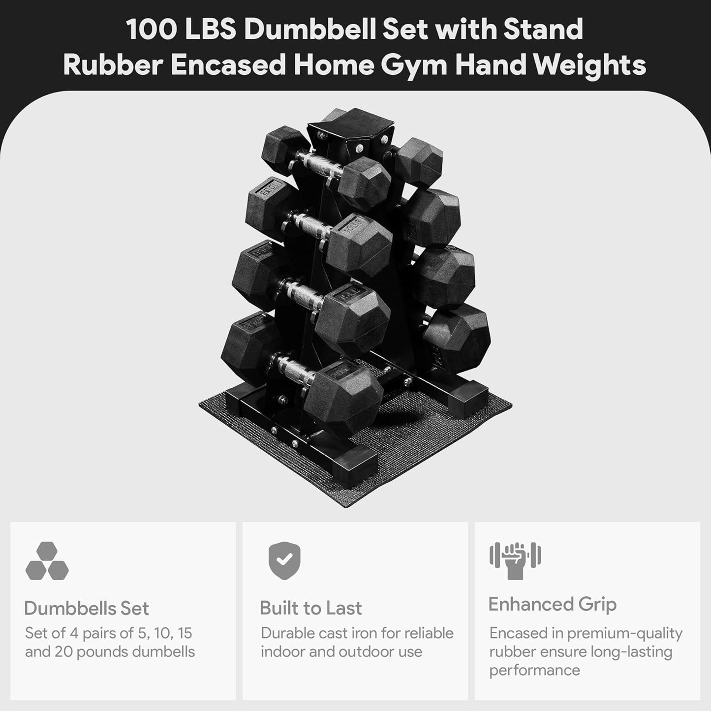 Rubber Coated Hex Dumbbell Weight Set with Storage Rack, 100LB or 150LB or 200LB Set, 5-20 lbs or 5-25 lbs or 10-30 lbs Pairs