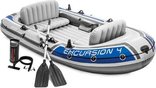 Inflatable Boat Set: Includes Deluxe 54in Boat Oars and High-Output Pump – Adjustable Seats with Backrest – Fishing Rod Holders – 4-Person – 1100lb Weight Capacity