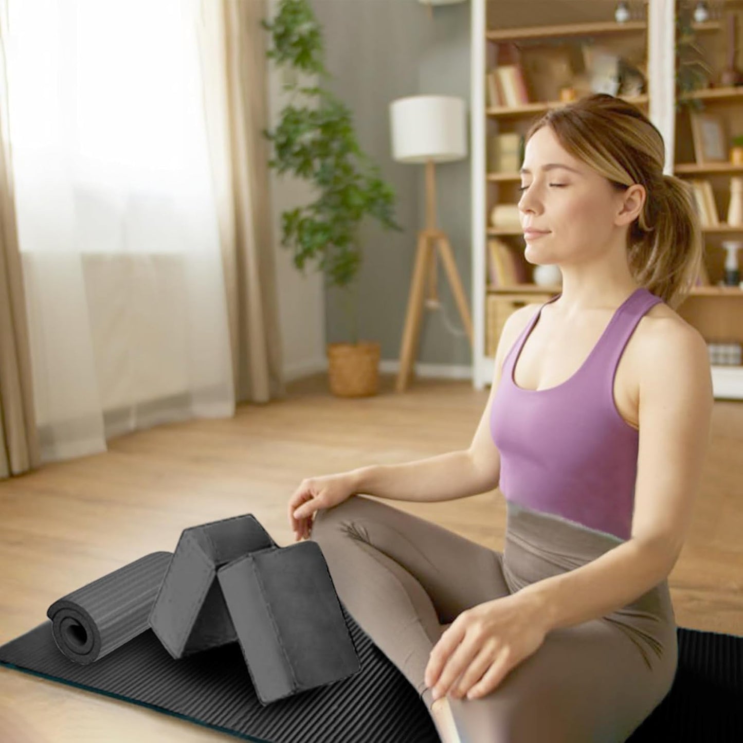 7-Piece Set - Include Yoga Mat with Carrying Strap, 2 Yoga Blocks, Yoga Mat Towel, Yoga Hand Towel, Yoga Strap and Yoga Knee Pad, Multiple Colors