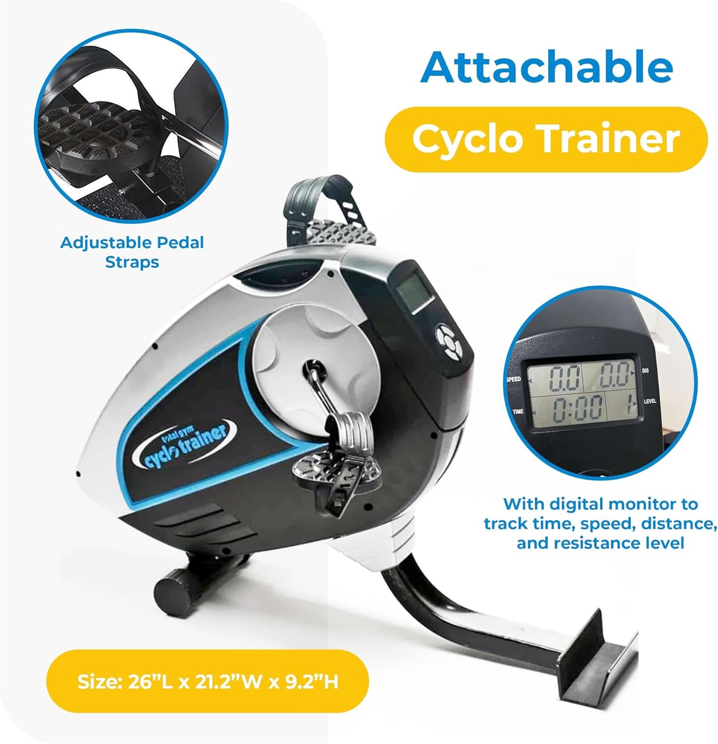 Attachable Cyclo Supportive Trainer with Digital Monitor Progress Tracking Display for Home Workout Exercise Machines, Black