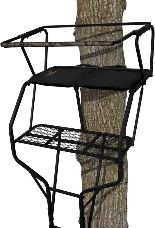 2-Person Ladder Tree Stand for Hunting Deer with Seats, 18' Tall, Camo/Black - Adjustable Climbing Treestand with Platform and Safety Harness for Shooting