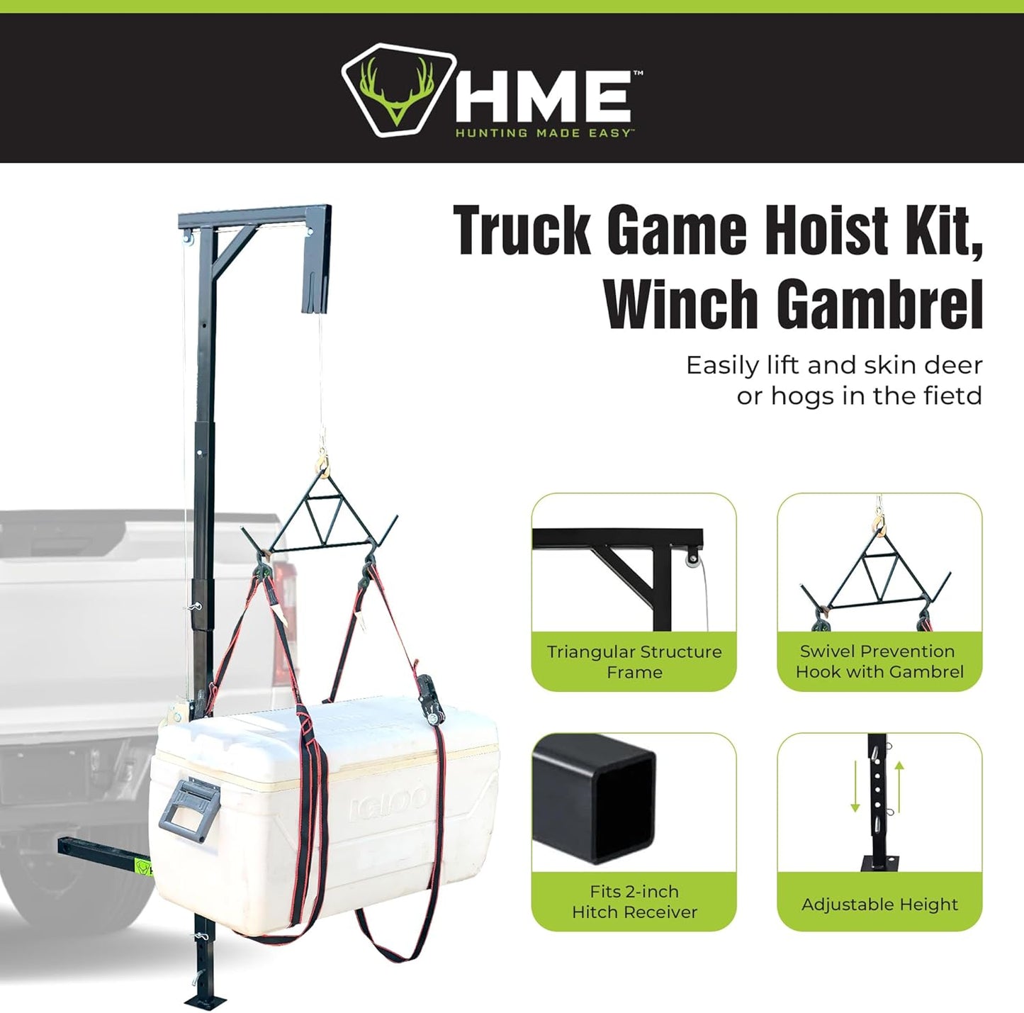 Truck Hitch Game Hoist Complete Kit with Winch and Gambrel, 400 lb Capacity - Hunting Game Skinning and Cleaning Accessory with 360-Degree Swivel Shaft and Adjustable Height