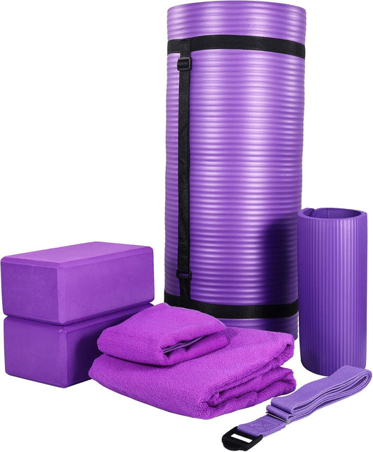 Fitness 7-Piece Home Gym Yoga Set with 1-Inch Thick Yoga Mat, 2 Yoga Blocks, Mat Towel, Hand Towel, Stretch Strap & Knee Pad, Blue