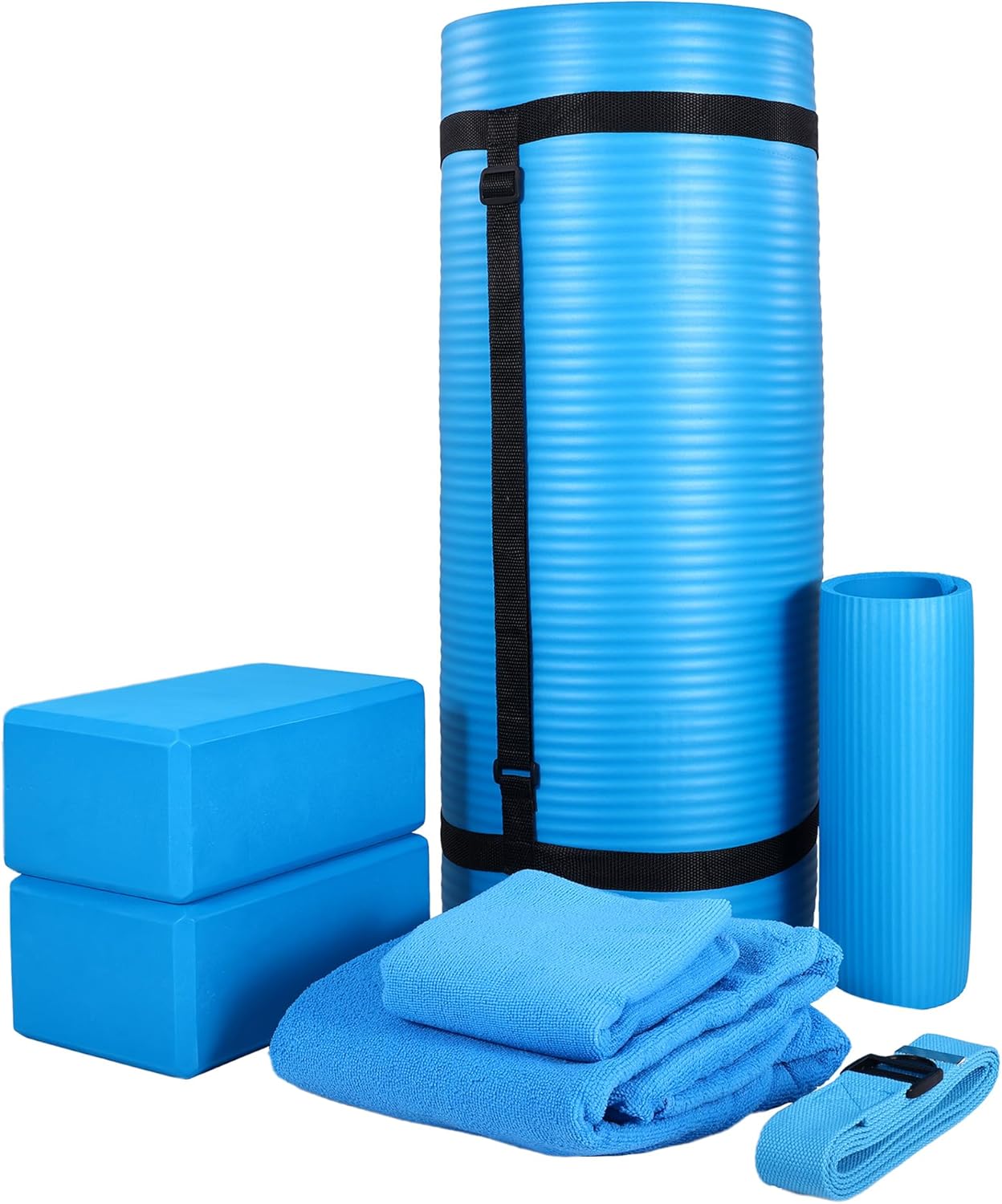 Fitness 7-Piece Home Gym Yoga Set with 1-Inch Thick Yoga Mat, 2 Yoga Blocks, Mat Towel, Hand Towel, Stretch Strap & Knee Pad, Blue