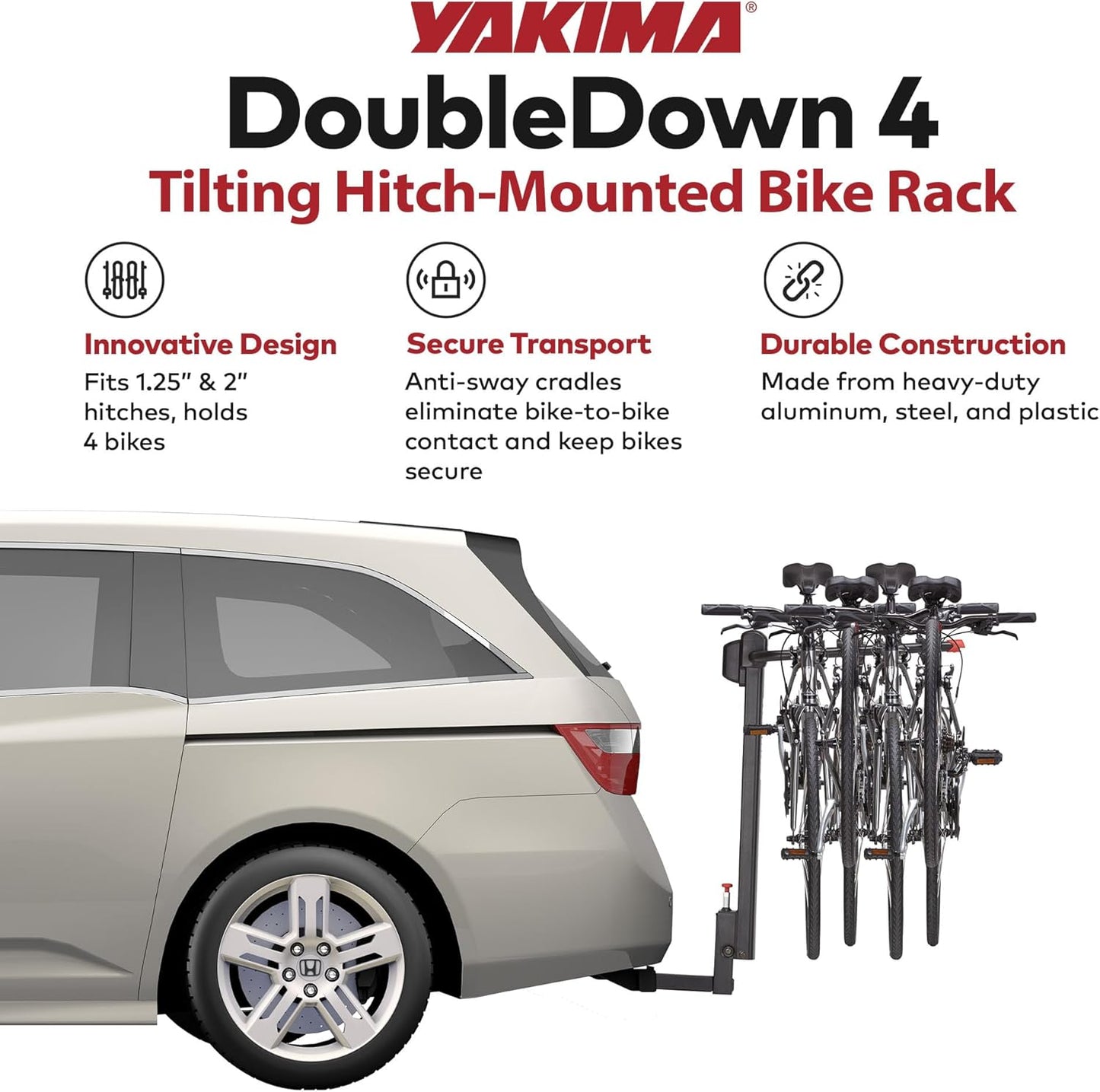 Tilting Aluminum Hitch Bike Rack for Car, SUV, and Truck with 1.25 or 2 Inch Bike Rack Hitch Receivers, Black