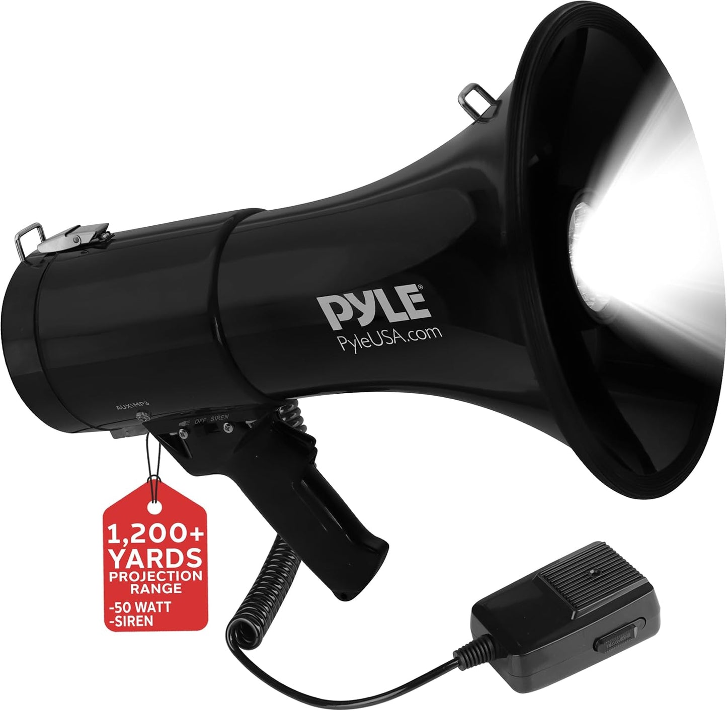 Portable Compact PA Megaphone Speaker with Alarm Siren & Adjustable Volume - 50W Handheld Lightweight Bullhorn - with Mic, AUX IN for MP3 & Rechargeable Battery - Indoor Outdoor Use - PMP561LTB