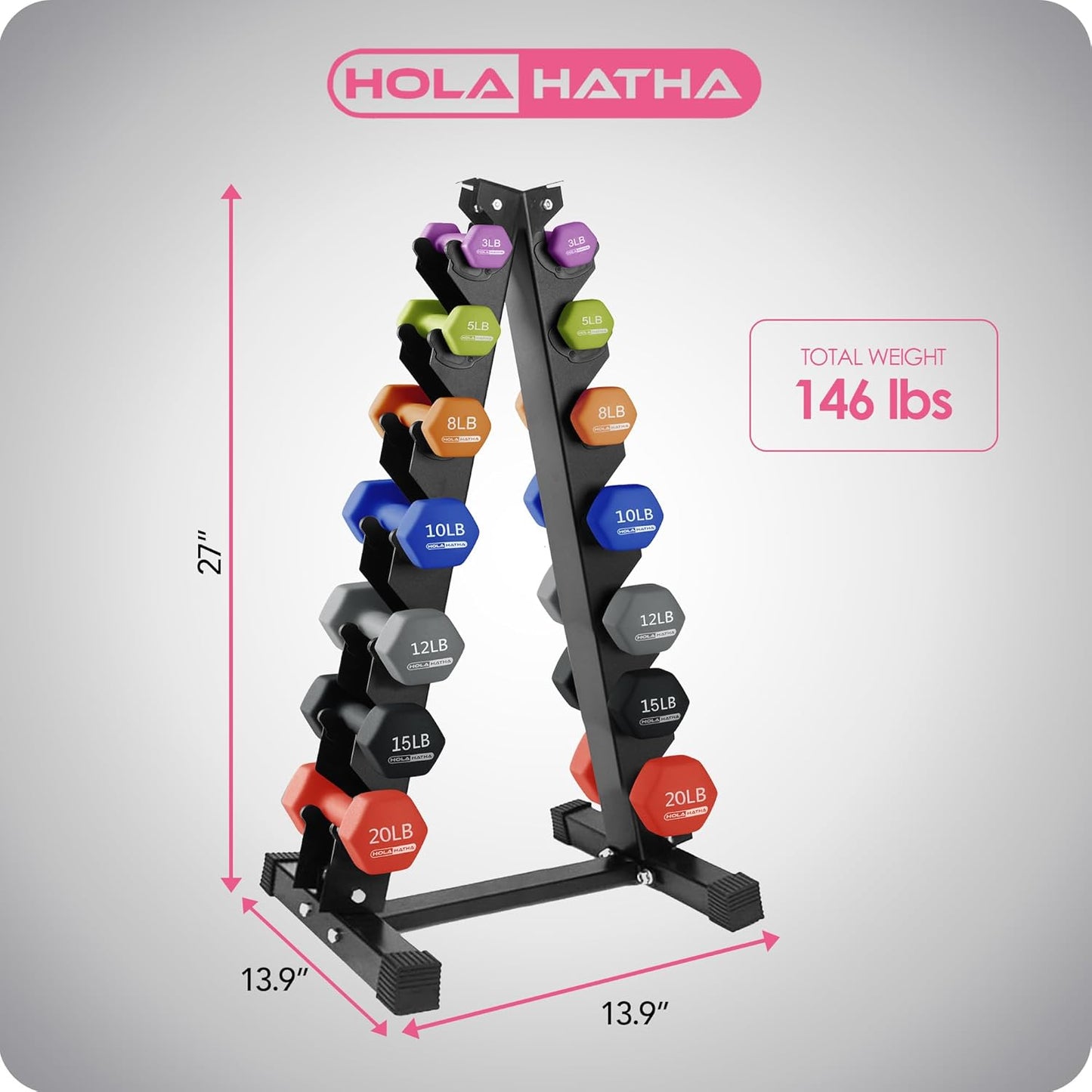 2, 3, 5, 8, and 10 Pound Neoprene Dumbbell Free Hand Weight Set with Rack, Ideal for Home Exercises to Gain Tone and Definition, Pastel