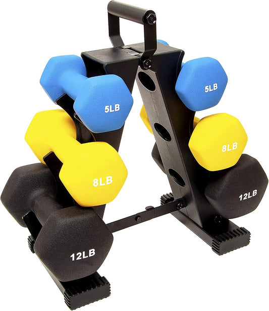 Colored Neoprene Coated Dumbbell Set with Stand, Multiple Sizes