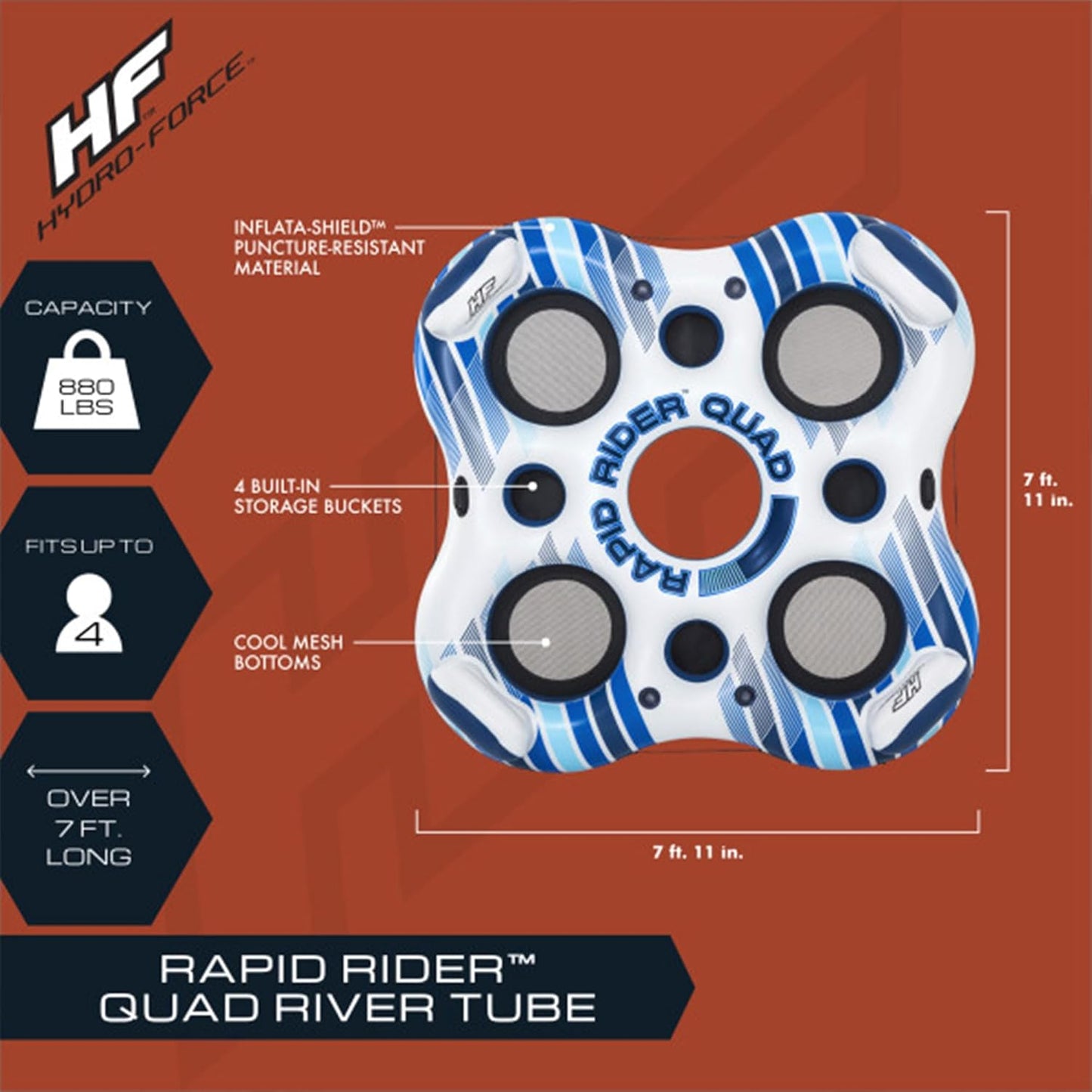 4-Person Inflatable Rapid River Floating Tube with Cup Holders & Handles