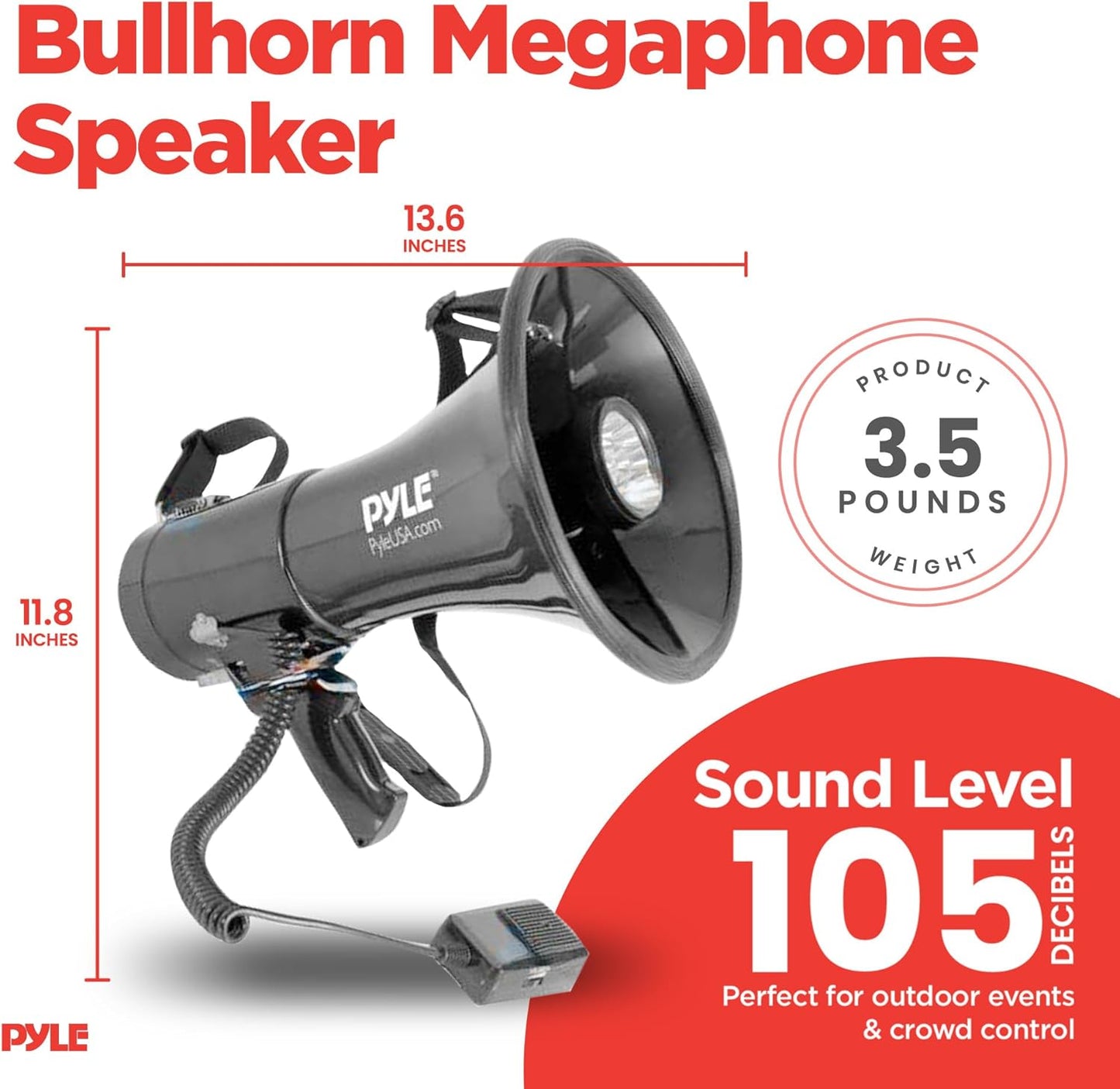 Portable Compact PA Megaphone Speaker with Alarm Siren & Adjustable Volume - 50W Handheld Lightweight Bullhorn - with Mic, AUX IN for MP3 & Rechargeable Battery - Indoor Outdoor Use - PMP561LTB