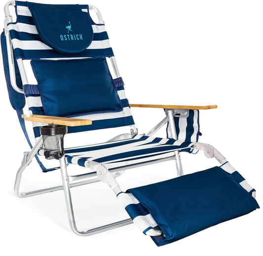 Lightweight Lawn Beach Reclining Lounge Chair with Footrest, Outdoor Furniture for Patio, Balcony, Backyard, or Porch, Blue Stripe