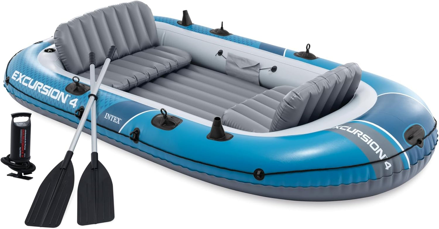 Inflatable Boat Set: Includes Deluxe 54in Boat Oars and High-Output Pump – Adjustable Seats with Backrest – Fishing Rod Holders – 4-Person – 1100lb Weight Capacity