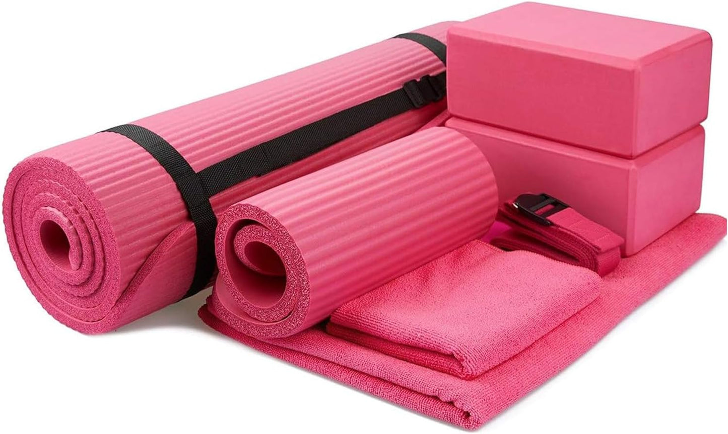 7-Piece Set - Include Yoga Mat with Carrying Strap, 2 Yoga Blocks, Yoga Mat Towel, Yoga Hand Towel, Yoga Strap and Yoga Knee Pad, Multiple Colors