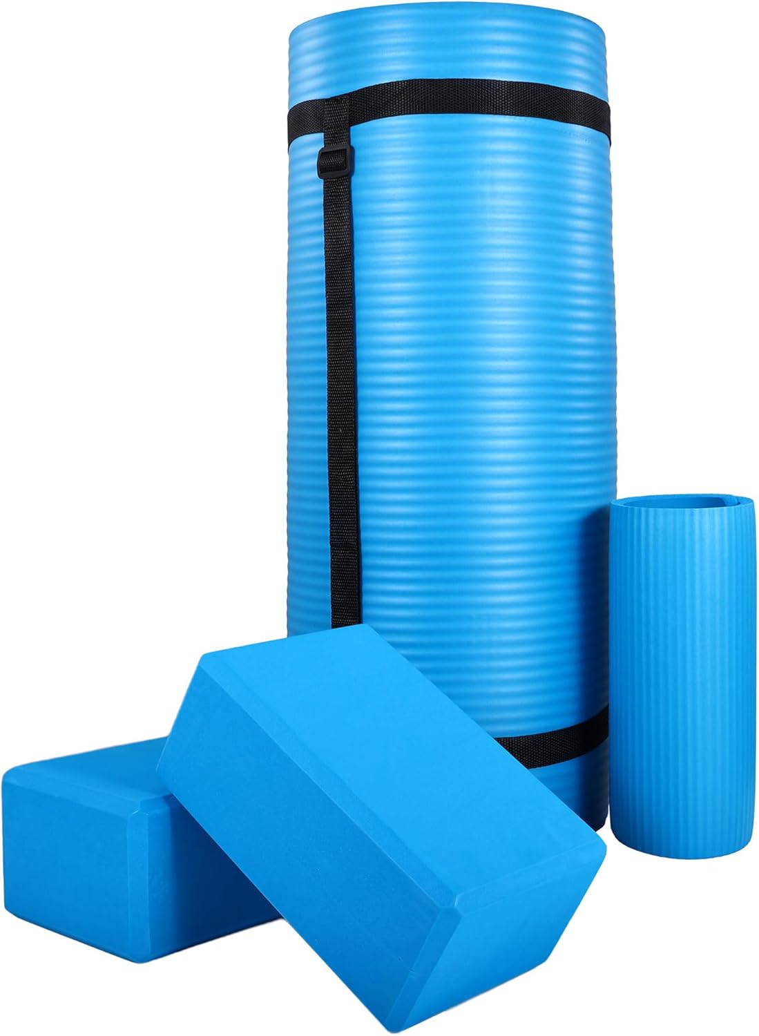 Exercise Yoga Mat for Home Workout, 1” Thick, Optional Blocks & Knee Pad