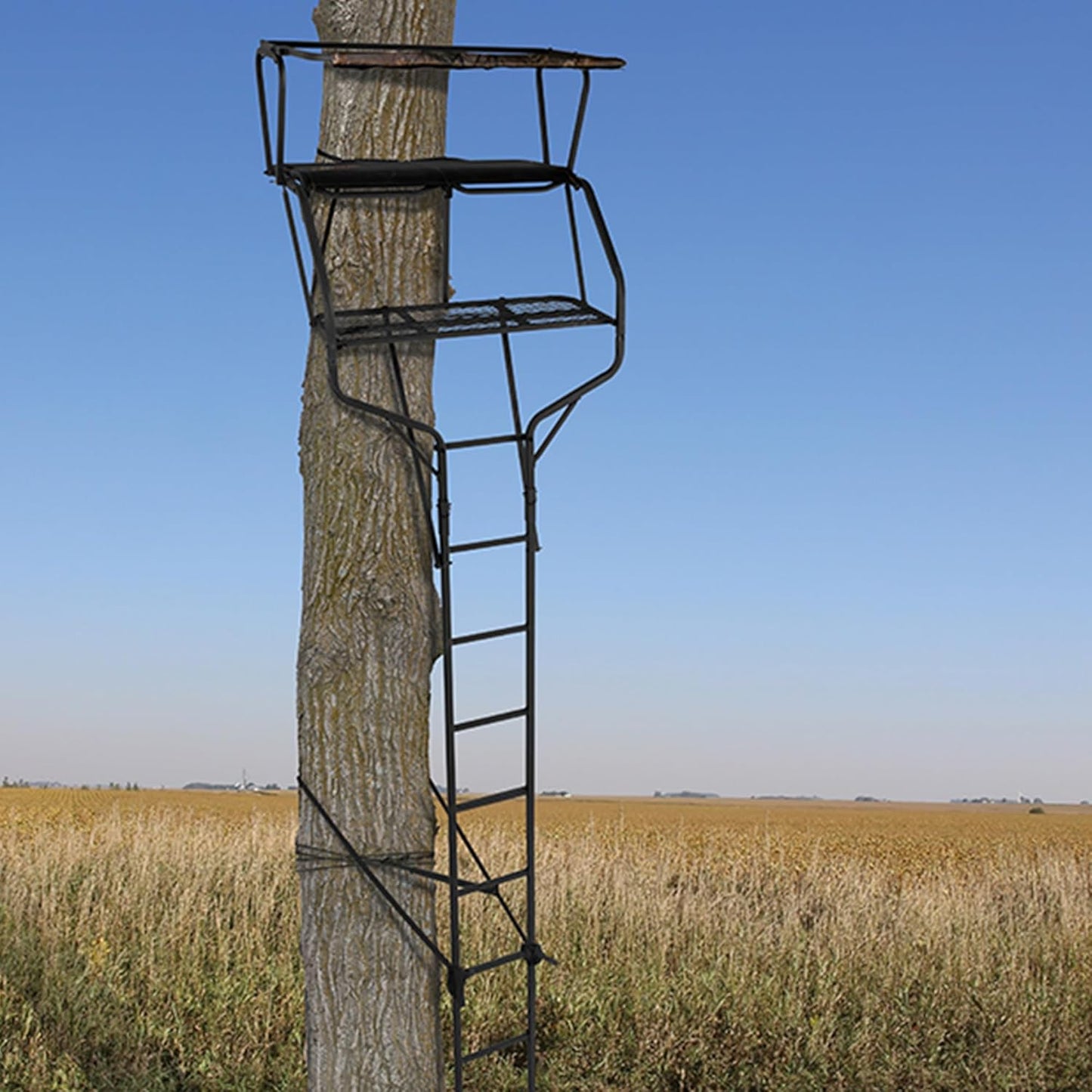 2-Person Ladder Tree Stand for Hunting Deer with Seats, 18' Tall, Camo/Black - Adjustable Climbing Treestand with Platform and Safety Harness for Shooting