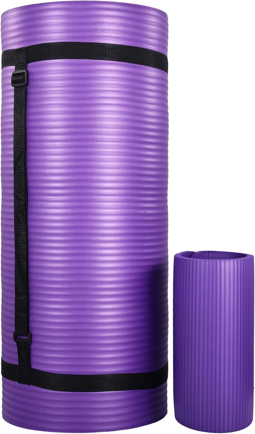 Exercise Yoga Mat for Home Workout, 1” Thick, Optional Blocks & Knee Pad